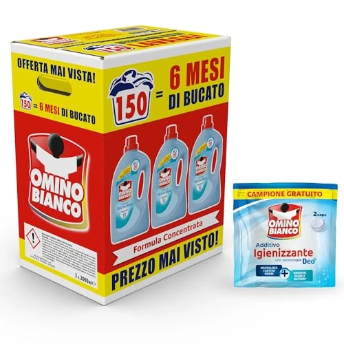 Offerta a tempo: Omino Bianco - Detersivo Lavatrice Liquido, 150 Lavaggi, Rispetta Colori e Tessuti, Fresco Profumo con Essenza di Muschio Bianco, 2000 ml x 3 + Campione di Additivo Lavatrice Igienizzante Idrocaps - 36% da 24.99 € a 15.99 €