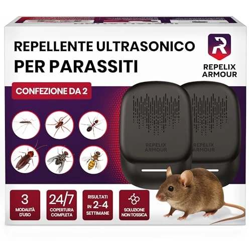 Offerta a tempo: REPELIX ARMOUR Repellente ultrasonico per parassiti da interno – Confezione da 2 – Copre 140m² per dispositivo – 3 modalità – Allontana topi, ratti, ragni, zanzare, formiche, insetti e mosche - 26% da 49.99 € a 37.04 €