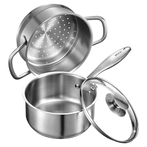 Offerta a tempo: VEVOR Casseruola da Cucina, Capacità da 1,4L con Coperchio in Vetro Strato di Vapore con Manico, Pentole per Zuppa Verdure Spaghetti in Acciaio Inox, Casseruola da Cucina - 34% da 34.90 € a 23.08 €
