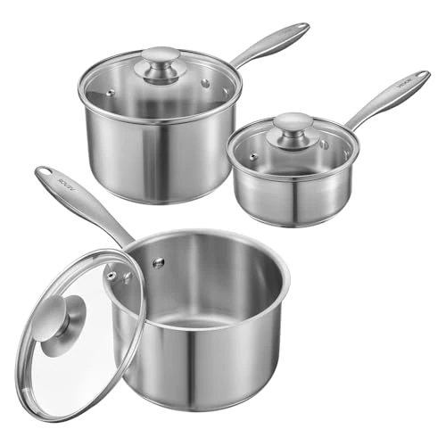 Offerta a tempo: VEVOR Set di Casseruola da Cucina, Capacità 0,95L+1,89L+2,84L con Coperchio in Vetro con Manico Ergonomico, Pentola per Zuppa Latte Verdure in Acciaio Inox, Casseruola da Cucina - 22% da 45.90 € a 35.77 €