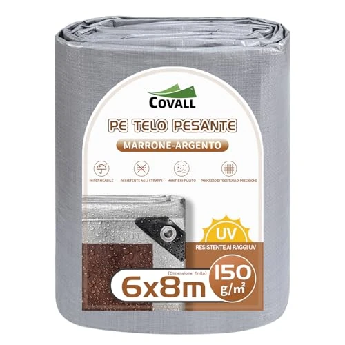 Offerta a tempo: COVALL Telone 150g/㎡, misura pescato 6×8m, copertura per telo impermeabile resistente con occhielli rinforzati, telo resistente ai raggi UV, (Argento/Marrone) - 38% da 104.80 € a 65.14 €
