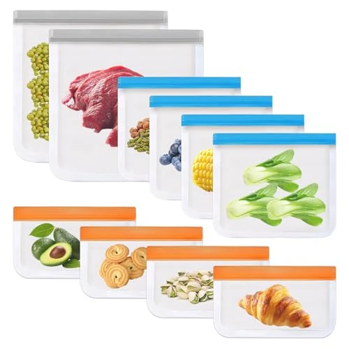 10 sztuk worków do zamrażania wielokrotnego użytku, nadają się do mycia w zmywarce, wolne od BPA worki do zamrażania z zamkiem błyskawicznym, wodoszczelne worki do żywności wielokrotnego użytku