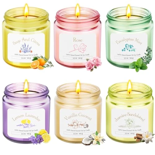 Offre limitee: Lot de 6 bougies parfumées dans un verre - 6 parfums différents - Pour l'aromathérapie - Pour la détente - 6 bougies de 3,5 oz avec durée de combustion totale de 180 heures - Coffret cadeau pour de 17.09 EUR a 14.23 EUR (economie 17%)