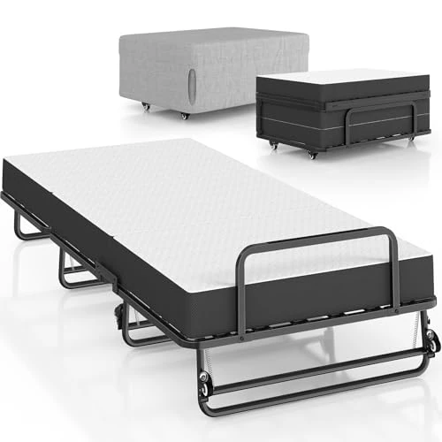 Brinlawb Folding Bed with 10 cm Thick Mattress, 90 x 200 cm, Folding Bed Single Guest Bed with Sturdy Metal Frame and 4 Wheels, Can Be Used as a Bed or as a Sofa