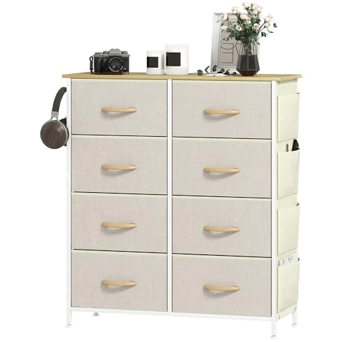HOMCOM Fabric Chest of Drawers with 8 Folding Drawers, 4 Storage Pockets and 2 Hooks, Bedroom Chest of Drawers in Steel and Fabric, 86 x 30 x 94.5 cm, Beige