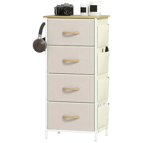 HOMCOM Commode en tissu avec 4 tiroirs pliants, 4 poches de rangement et 2 crochets, commode chambre à coucher en acier et tissu, 45 x 30 x 94,5 cm, beige