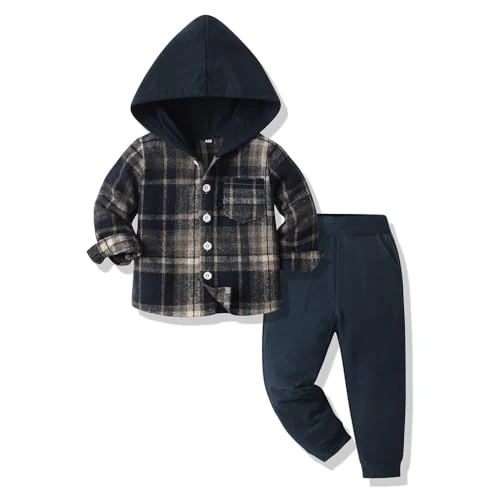 Yanmucy Bekleidungssets für Baby-Jungen Kleidung Outfit 2PCS Baumwolle Plaid Kleinkind Junge Hoodies Shirt Tops +Hosen Set Anzug Kinder Frühling Herbst Kleidung Set (Dunkelmarine, 2-3 Jahre)