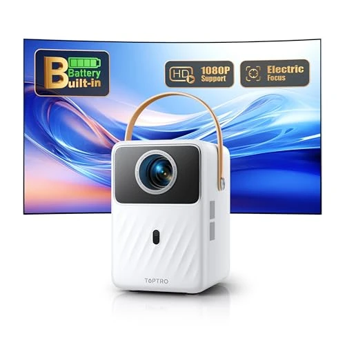 Toptro Mini-projector met batterij en geïntegreerde app: draagbare projector, ondersteunt 1080p 4K E-focus/autokeystone, wifi bluetooth videoprojector met Android TV voor outdoor/telefoons/HDMI/USB