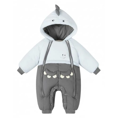 GigaCircle Baby jongen meisje sneeuwpak dik, schattig dinosaurus capuchon winter romper kinderwagen pak, dubbele rits warme kleding, 3-24 maanden, blauw-grijs, 6-12 maanden