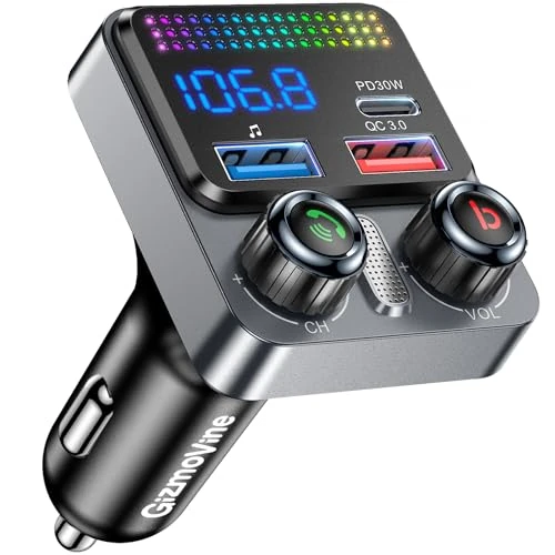GizmoVine Transmisor FM para Coche, Adaptador Bluetooth 5.4 48W, 3 Puertos Carga (PD 30W + QC 18W), Música Inalámbrica, Grave Profundo, Manos Libres, Asistente de Voz, Pen Drive, 12V/24V