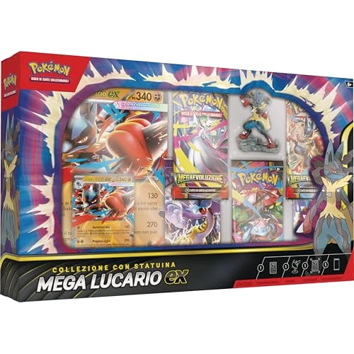 Pokémon: collezione con statuina Mega Lucario-ex del (una carta promozionale olografica, una carta promozionale gigante, cinque buste di espansione e una statuina di Mega Lucario)