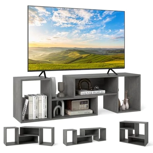 KOMFOTTEU 2-Piece Freely Combinable Living Room TV Stand, Multi-Function TV Stand for TV up to 60 Inches, Wooden TV Stand with Open and Closed Compartments, for Bedroom (Grey)