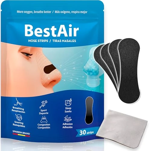 Offerta a tempo: Cerotti nasali antirussamento BESTAIR – Dilatatori nasali e cerotti per dormire e fare sport – Riducono il russare, alleviano la congestione e migliorano la respirazione – 30 cerotti extra forti - 25% da 11.99 € a 8.99 €