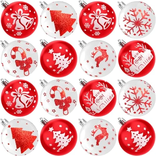 Coicok Bolas de Navidad blancas y rojas, 16 unidades de adornos para árbol de Navidad, color blanco y rojo, bolas de Navidad con gancho, 6 cm, bolas de Navidad para adornos de árbol de Navidad