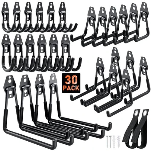 Offerta a tempo: Housolution Ganci per Garage in Acciaio, 30 Pz Rivestimento Antiscivolo, Ganci a Parete per Bici, Strumenti Giardino, Scale, Tubi, Corde, Organizzatore con Avvolgicavo Extensibile, Nero - 33% da 59.99 € a 39.99 €