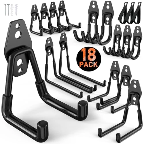 Offerta a tempo: Housolution Ganci per Garage in Acciaio, 18 Pz Rivestimento Antiscivolo, Ganci a Parete per Bici, Strumenti Giardino, Scale, Tubi, Corde, Organizzatore con Avvolgicavo Extensibile, Nero - 48% da 49.99 € a 25.99 €
