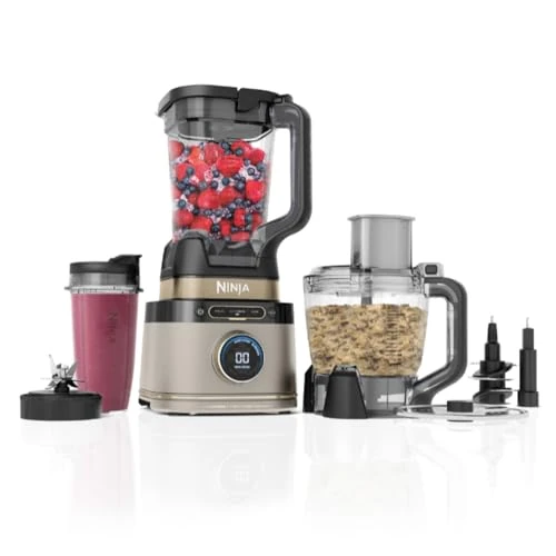 Ninja 3-in-1 Detect Processor Pro Blender, robot kuchenny z misą, ostrze do ciasta, 3 kubki na jedną porcję, dzbanek, ciasto do pizzy, miksowanie i rozdrabnianie, złoty odcień kamienia, TB401EUSTGD