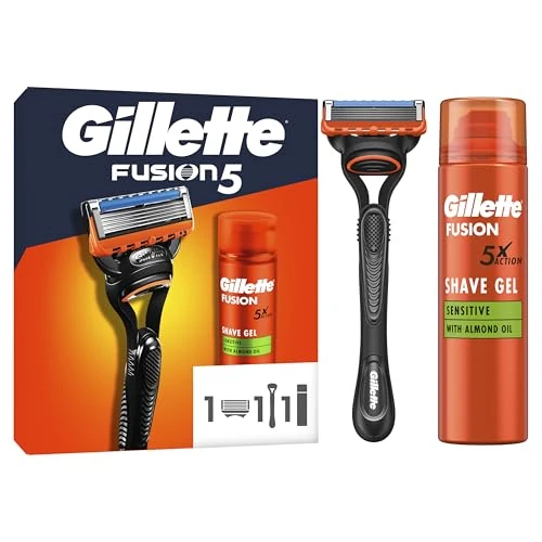 Gillette Fusion5 Rasierer für Herren, wiederverwendbarer Griff und Nachfüllklingen, Ersatzkartusche mit Gleitstreifen und 5 scharfen Klingen, Rasierset mit Rasiergel, 200 ml