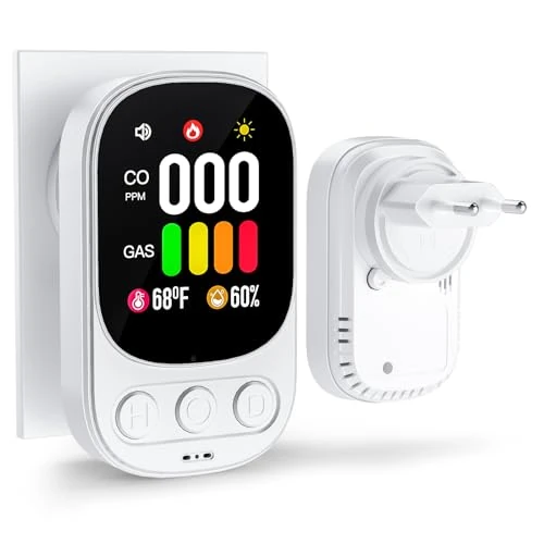 Rilevatore Gas e Monossido Di Carbonio 4 in 1 Con Spina per Casa-Rilevatore Fumo per Gas Naturale Lpg Metano Propano Butano Con Sensori Di Temperatura e Umidità-Certificato EN 50291-HD08-G-Bianco