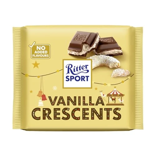 Offerta a tempo: RITTER SPORT Vanilla Crescents, Tavoletta di Cioccolato al Latte Ripieno con Pezzetti di Biscotti alla Vaniglia, Cacao 100% Certificato Sostenibile, 100 g - 32% da 2.35 € a 1.59 €