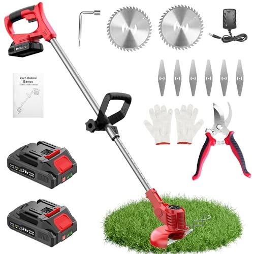 Debroussailleuse Electrique sans Fil, Bamse Coupe Bordure sans Fil 21V avec 2 Batteries 2000mAh et 2 Types de Metal Lames, Poignée réglable, Coupe Bordures pour la Coupe de Jardin et Pelouses