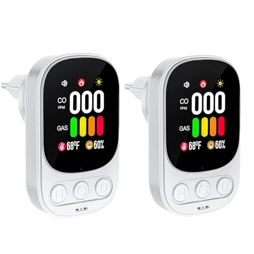 4 w 1 detektor gazu i tlenku węgla z wtyczką domową - Czujnik dymu do gazu ziemnego Lpg metanu propanu butan z czujnikami temperatury i wilgotności - Certyfikat EN 50291-biały (2 sztuki)