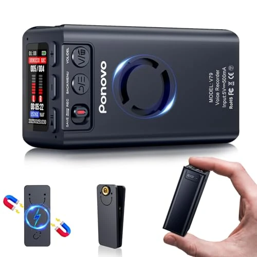 Grabadora de voz magnética de 64 GB, grabación continua de 45 días, Ponovo activación por voz, grabadora profesional con clip, 6000 mAh inteligente reducción de ruido, contraseña para reuniones