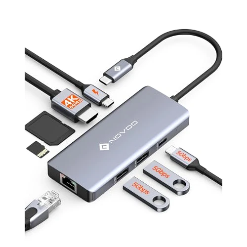 NOVOO Hub USB C, 8 w 1 Multiport Hub, stacja dokująca USB C z HDMI 4K 60 Hz, Ethernet, 2 x USB-A 3.0,1* USB-C 3.0, PD 100 W do Steam Deck/PC/MacBook/Windows