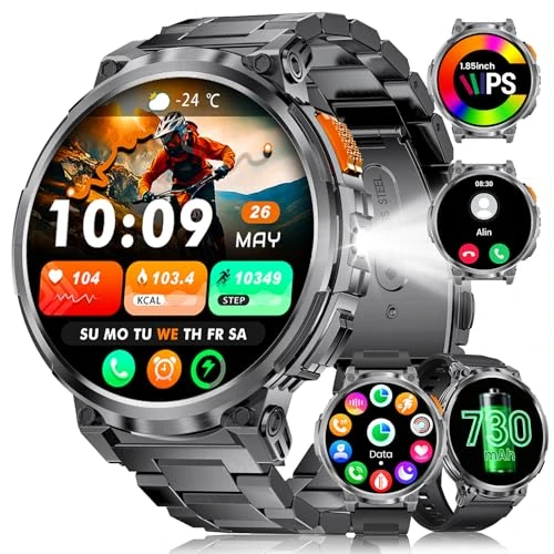 ESFOE Męski inteligentny zegarek z latarką LED, 730 mAh 1.85'' 5ATM wodoodporny Smartwatch męski z połączeniami Bluetooth, Wasap, monitor tętna i snu, SpO2 dla iOS Android czarny pasek
