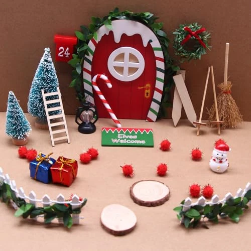 21 Piece Gnome Door Set, Gnome Door Accessory Set, Christmas Gnome, DIY Decoration for Christmas, Includes Gnome Door, Advent Shaker, Decorative Wooden Miniature with Light, Construction Site and