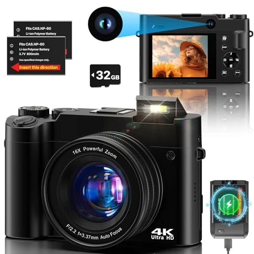 Offerta a tempo: Fotocamera Digitale 64MP 4K,Macchina Fotografica Digitale Compatta con Doppio Obiettivo Scheda 32GB, Zoom 16X Anti-Shake, 2 Batterie per Adolescenti,Principianti, Adulti - 33% da 119.99 € a 79.99 €