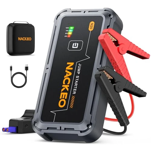 NACKEO Arrancador de Coches 7000A, Arrancador de Baterias de Coche Portátil (hasta Todo Gas o Diésel de 10,0L), 12V Jump Starter Clips de Seguridad Inteligentes, Luz LED, Carga Rápida, Compacto