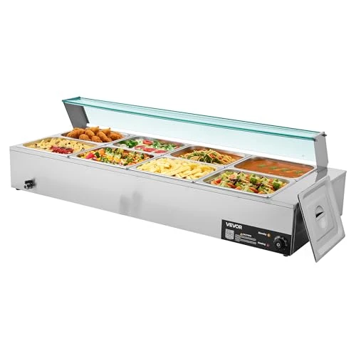 Offerta a tempo: VEVOR Scaldavivande Commerciale, Scaldavivande Elettrico in Acciaio Inox da 1700 W con Coperchio in Vetro, Bagnomaria da Banco a 8 Teglie, con Mestoli per Zuppa e Forati, per Ristoranti - 0.00% da 383.90 € a 383.90 €