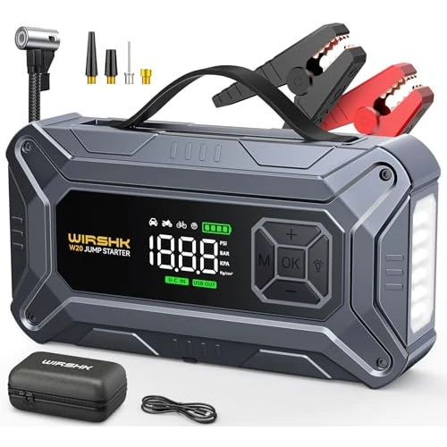 Jump Starter Power Pack with Air Compressor, 8000A 150PSI Portable Car Battery Booster (8.0L Petrol/10L Diesel), 12V Car Jump Starter Power Bank with Jump Leads, LCD Screen, 2 LED Light