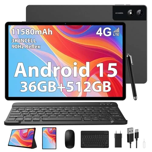 SADSYMB Tablet 13 Pulgadas con Android 15, 36GB RAM+512GB ROM (Extensión 2TB), 2.2GHz Octa-Core con 4G LTE/5G WiFi, 2940x1840 INCELL, Gemini AI, 11580mAh, 13MP+8MP, BT5.0/GPS/Tablet con Teclado(Nero)