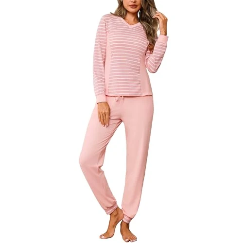 Limited offer: Crewhpo Women's Pyjamas Winter 2 Piece Pyjamas Long Lightweight V Neck Pyjamas Sleepwear Long Sleeves Home Pajamas Casual Soft and Comfortable S-XXL from 35.99 EUR to 14.99 EUR (save 58%)