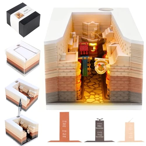 LYPPUL Bloc-Notes 3D, Calendrier 3D 2026, Calendrier de Bureau 3D avec Lumière LED, Bureau calendriers Mémo Pad DIY Décoration Cadeau de bureaus Artistique pour L'école, la Maison(Diagon Alley)
