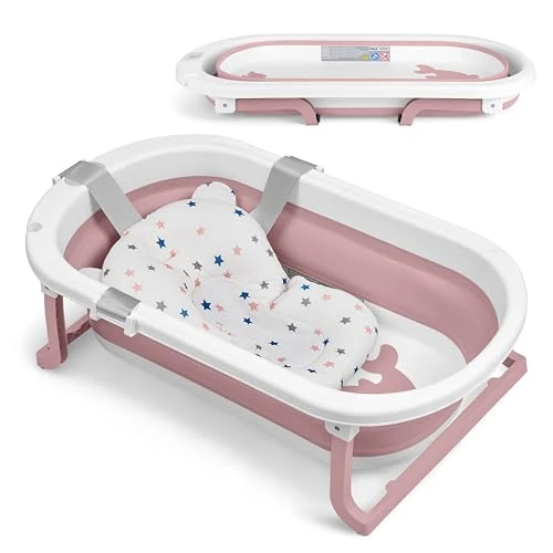 Offerta a tempo: KikkaBoo Vaschetta Bagnetto Neonato Pieghevole WILLY, Salvaspazio con Termometro Integrato, Cuscino Morbido di Supporto, Gambe Antiscivolo, 0-36 Mesi, Regalo Nascita Bambino, Rosa - 14% da 24.90 € a 21.38 €