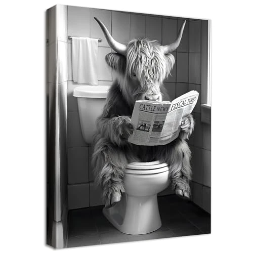 Offerta a tempo: Bagno Bovini 3D Quadri Moderni Quadro Moderno Stampa su Tela Con Cornice Mucca delle Highlands che Legge il Giornale in Bagno Pittura Immagine Quadri su tela Quadretti da Parete Toilette WC 30x40cm - 44% da 19.99 € a 11.19 €