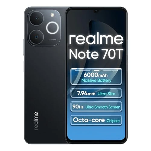 Offerta a tempo: realme Note 70T 4G Smartphone 4+128GB, 6.75 pollici Schermo, Nero Obsidiana, 90Hz Display, 6000mAh Batteria, 32MP Fotocamera, Potente Processore Octa-core, Protezione ArmorShell, IP54 - 0.00% da 94.99 € a 94.99 €
