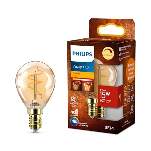 Philips Vintage Amber Spiral B45 Lampe, dimmbar, flimmerfrei, EyeComfort, 180 Lumen, Flame (1800 K), 2.7 W=15 W, E14 Sockel, 1er Pack