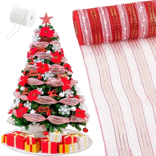 Offre limitee: Ruban Sapin Noel en Maille, Guirlande Sapin de Noel avec Collier de Perles, Brillante Guirlande de Décoration de Noël, Rouleau Tulle Noel pour Christmas Tree,Noeud Porte Noel,Garland,26×914cm-2C de 12.99 EUR a 10.52 EUR (economie 19%)