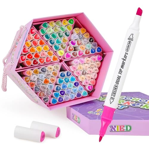 Offerta a tempo: XIEED Set di 120 Pennarelli ad alcool Double Punta (Fine & broad) - Confezione Regalo a Scatola Esagonale | Per Colorazione, Pittura, Schizzi, Disegno e Evidenziazione | Adulti & Appassionati d'Arte - 0.00% da 9.99 € a 9.99 €