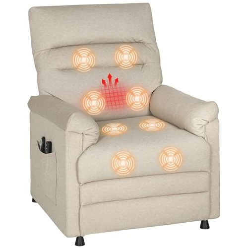 HOMCOM Sillón Eléctrico de Calefacción y Masaje Relajante con Reposapiés, Silencioso, 150° Reclinable de Terciopelo Apto para Mascotas con Función de Memoria, 2 Mandos a Distancia para Salón, Beige