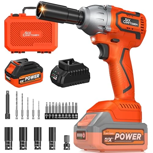 SIX CRAFTSMEN Borstelloze accu-slagschroevendraaier, 21 V, 1/2 inch, 500 N.m, slagschroevendraaier met 4,0 Ah batterij, instelbaar toerental, voor doe-het-zelf, meubel-/lichte voertuigreparaties