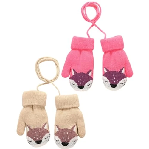 FUGLUS 2 Paia Guanti Bambini Invernali Termici Antivento, Guanti Maglia Elasticizzati con Cordino per Ragazzi e Ragazze 0-3 Anni