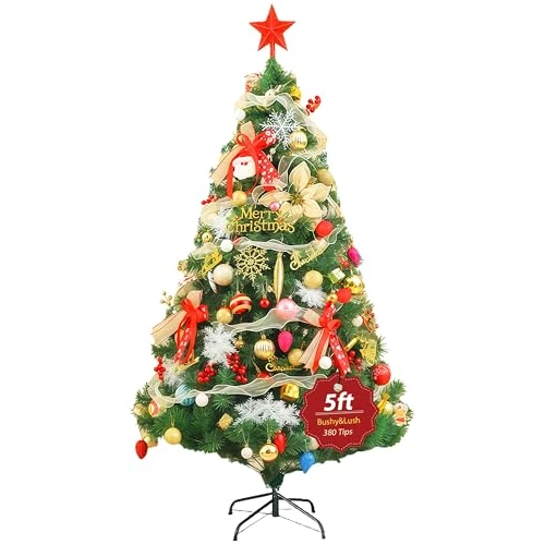 Oferta ograniczona: Sztuczna choinka 150 cm z dekoracją bożonarodzeniową, choinka do biura, domu, sklepu, na imprezę, dekoracja świąteczna, sztuczne bombki choinkowe, czubek gwiazdy, nóżka, system składania z 37.99 EUR na 37.99 EUR (znizka 0%)