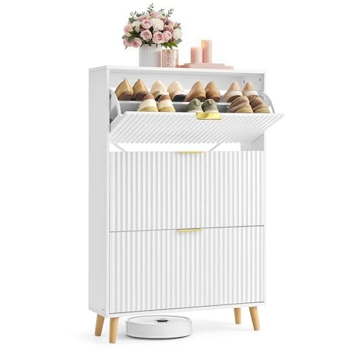 Offre limitée : VASAGLE MAXE Collection - Meuble à Chaussures à 3 Abattants, Armoire à Chaussures Entrée Étroite, Portes Rainurées, jusqu’à 24 Paires de Chaussures, Moderne du Milieu du Siècle, Blanc Nuage HSC302WB02 de 89.99 € à 76.49 € (15% de remise)