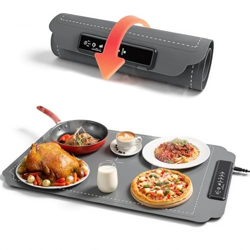 GuKKK Elektrische warmhoudplaat voor gerechten, opvouwbare voedselwarmer met 4 instelbare temperaturen en 3 timers, automatisch, draagbare voedselverwarming met nano-siliconenmateriaal, voor feestjes