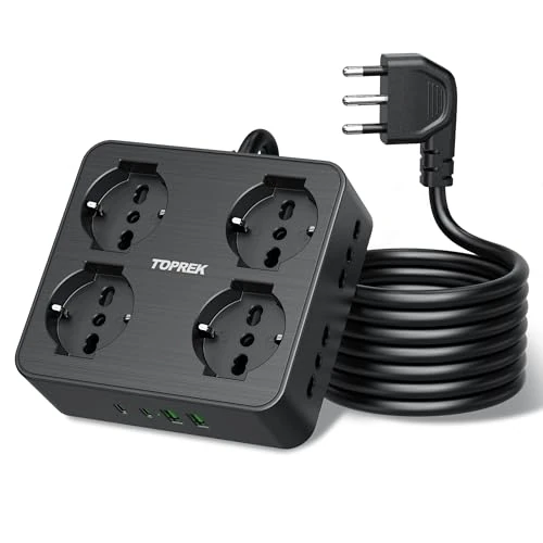 Limited offer: TOPREK Electrical Power Strip with 8 Universal Sockets ITA 10/16A and Schuko and 2 USB C (20W PD3.0 Quick Charge) and 2 USB A, Multiple Socket with Switch, 2 Metres 90° Elbow Plug, 4000W/16A from 29.99 EUR to 28.99 EUR (save 3%)